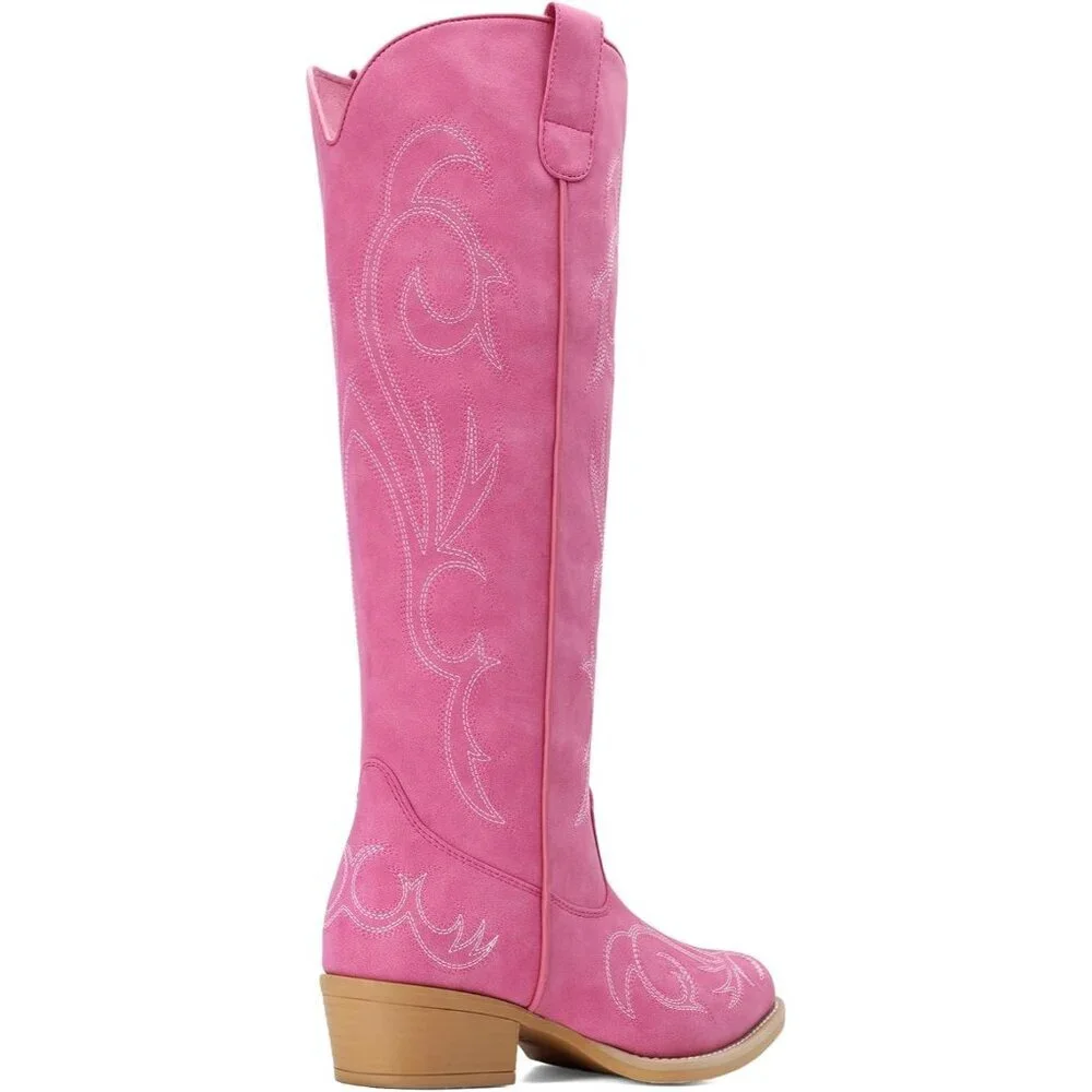 Women Faux Leather Hot Pink Knee High Chunky Heel Side Zipper Embroidered Boot